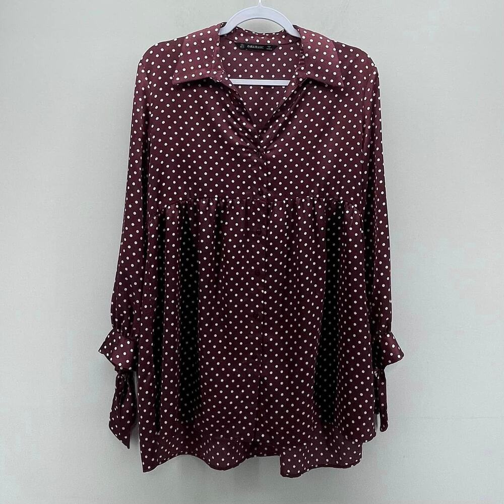 Zara Babydoll Blouse Womens Small Wine Polka Dot Satin‎ Tunic Y2K Funky Street